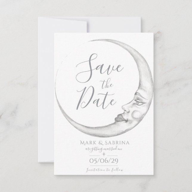 Cartão de Salvar a Data com Lua Crescente Desenhad (Frente)