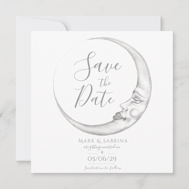 Cartão de Salvar a Data com Lua Crescente Desenhad (Frente)