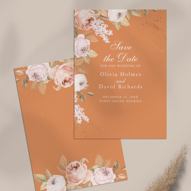 Cartão de Salvar a Data com Peônias Apricot Boho (Boho Apricot Peonies Save the Date Card on neutral table)