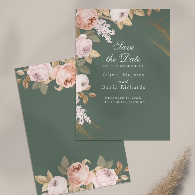Cartão de Salvar a Data com Peônias Verde Sage Boh (Boho Sage Green Peonies Save the Date Card on table)