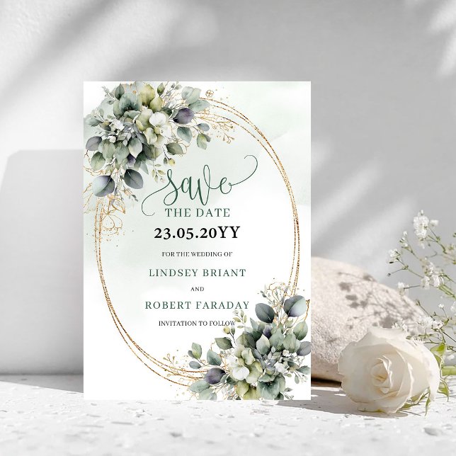 Cartão de Salvar a Data de Casamento Boho Moderno  (Modern Boho Green and White Save The Date Card)