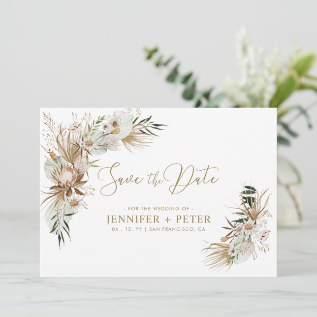 Cartão de Salvar a Data de Casamento Boho Verde e  (Em pé/Frente)