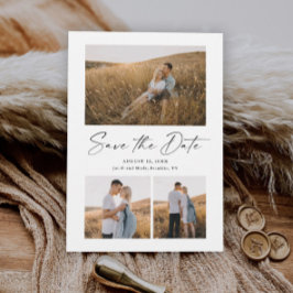 Cartão de Salvar a Data de Casamento com 3 Fotos e