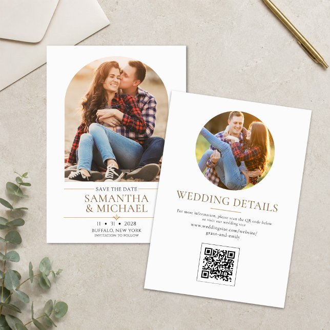 Cartão de Salvar a Data de Casamento com Código QR (Elegant arch photo save the date with modern gold details and personalized text.)