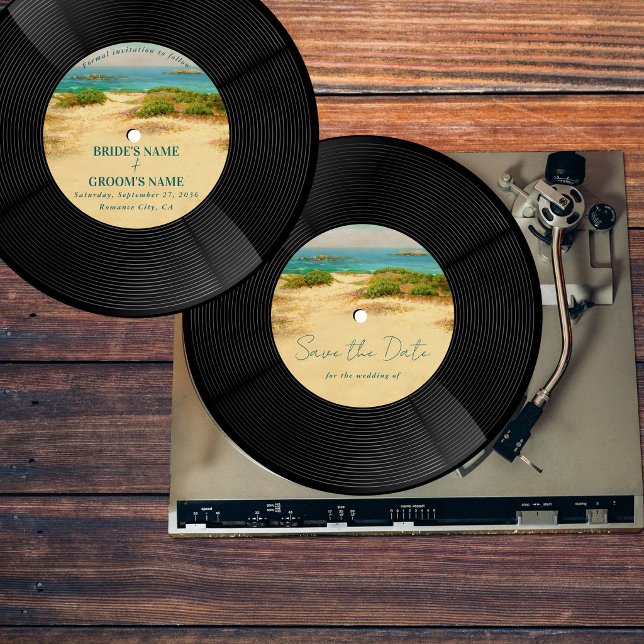 Cartão de Salvar a Data de Casamento com Disco de  (Beach Vinyl Music Record Wedding Save the Date Invitation)