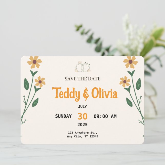 Cartão de Salvar a Data de Casamento com Flores Si (Em pé/Frente)