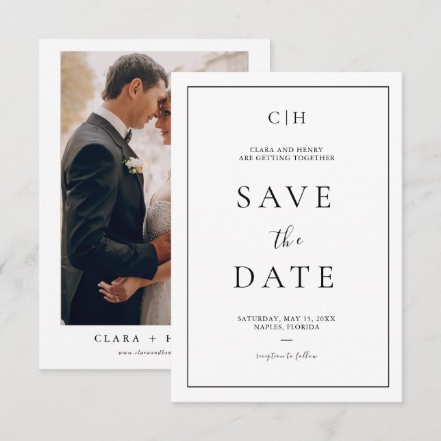 Cartão de Salvar a Data de Casamento com Foto Pret (Frente/Verso)