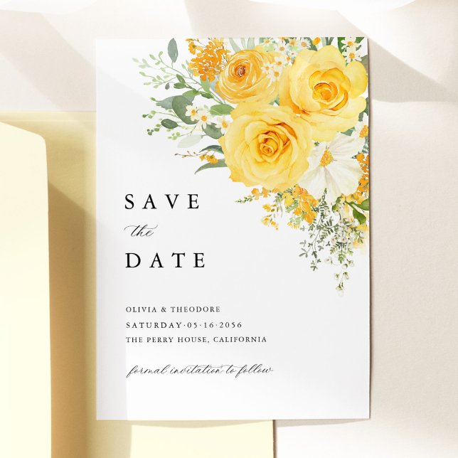Cartão de Salvar a Data de Casamento de Rosa Flora (Yellow floral wedding save the date card, watercolor yellow rose garden romantic wedding stationery )