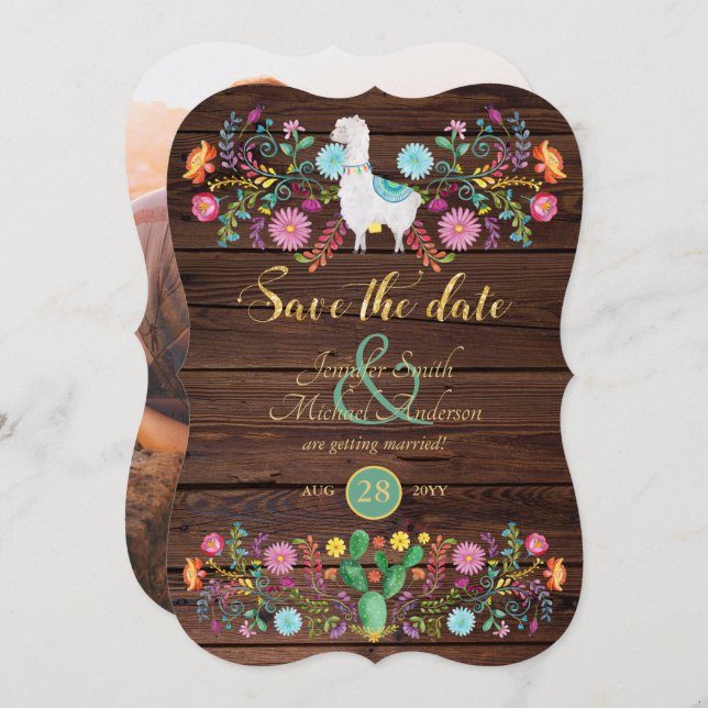 Cartão de Salvar a Data de Casamento Fiesta com Ll (Frente/Verso)