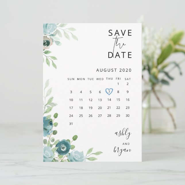 Cartão de Salvar a Data de Casamento Floral Azul E (Em pé/Frente)