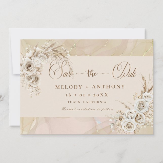Cartão de Salvar a Data de Casamento Floral Boho B (Frente)