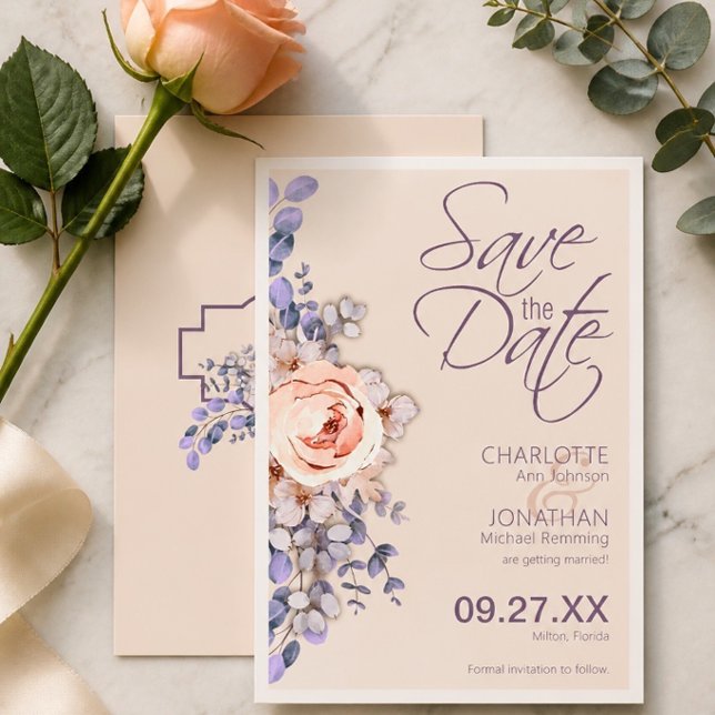 Cartão de Salvar a Data de Casamento Floral Cor de (Criador carregado)