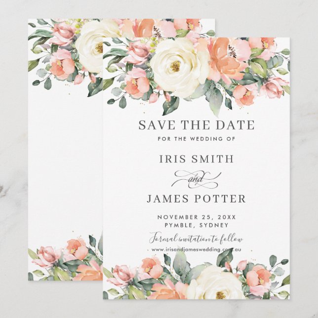 Cartão de Salvar a Data de Casamento Floral Rosa M (Frente/Verso)