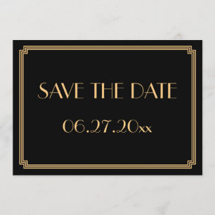 Cartão de Salvar a Data de Casamento Preto Art Déc