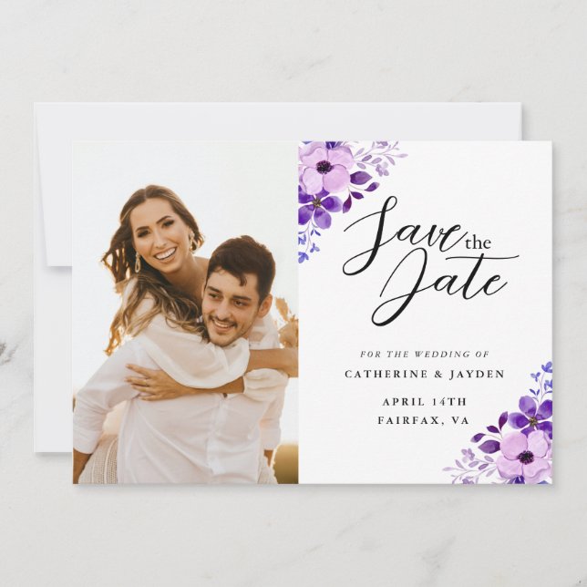 Cartão de Salvar a Data de Casamento Roxo Elegante (Frente)