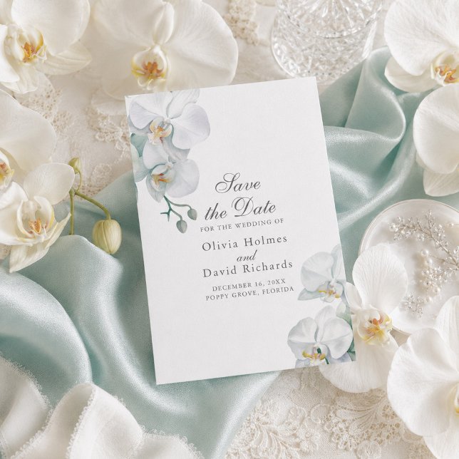 Cartão de Salvar a Data de Orquídeas Brancas Minim (Elegant Minimalist White Orhids Save the Date Card)