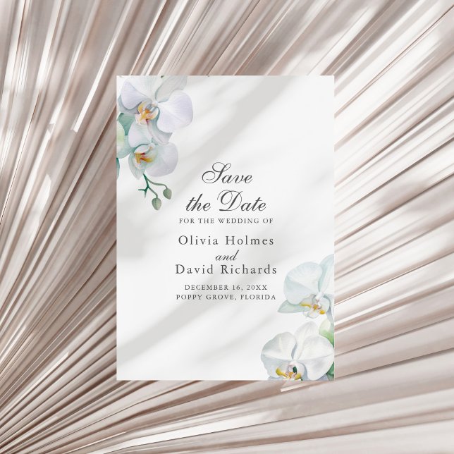 Cartão de Salvar a Data de Orquídeas Brancas Minim (Elegant Minimalist White Orhids Save the Date Card on a white dry palm leaf.)