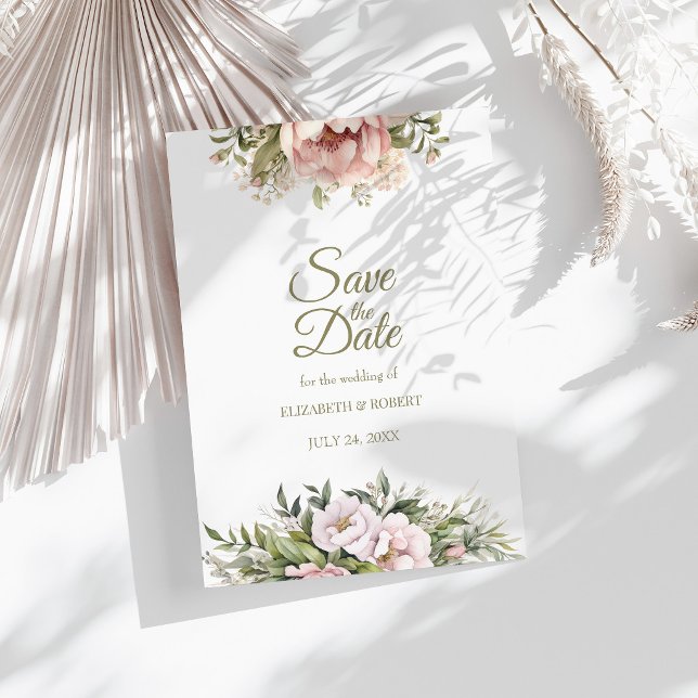 Cartão de Salvar a Data de Peônia Rosa Suave (Soft Blush Peony Save The Date Card on a sunny white table with botanical decor)