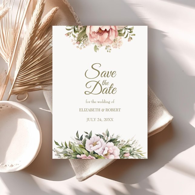 Cartão de Salvar a Data de Peônia Rosa Suave (Soft Peach and Blush Floral Save The Date Invitation on a neutral boho wedding table.)