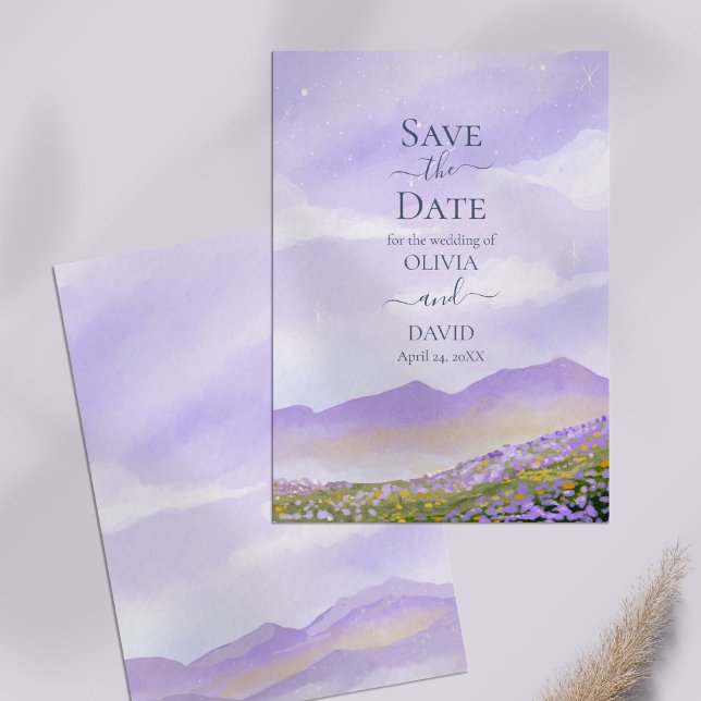 Cartão de Salvar a Data do Campo da Montanha da No (Lilac Night Mountain Field Save the Date Card on lilac table.)