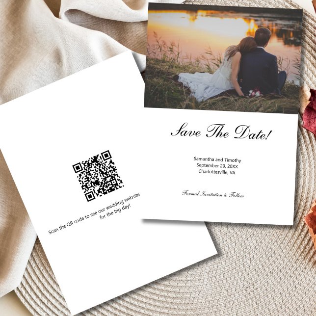 Cartão de Salvar a Data do Casamento com Foto em C (QR code Photo Wedding save the date card. )