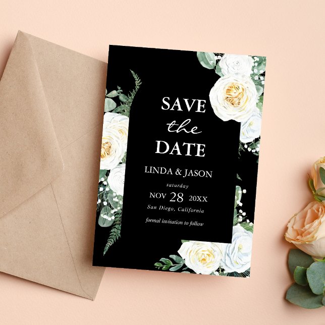 Cartão de Salvar a Data do Casamento Rosas Pretas  (Black white roses save the date card sets a timeless tone for your wedding announcement.)