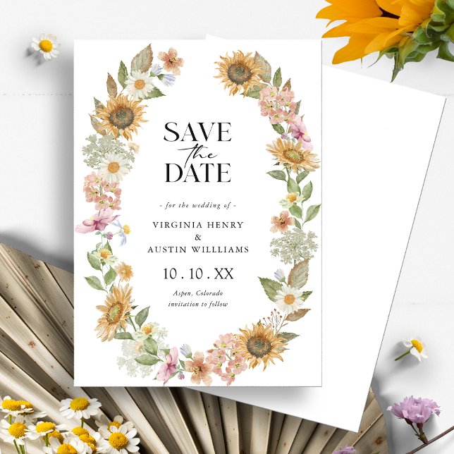 Cartão de Salvar a Data do Girassol (Watercolor Wildflower Sunflower Wreath Floral Save the Date Card by Painted Paperie
)