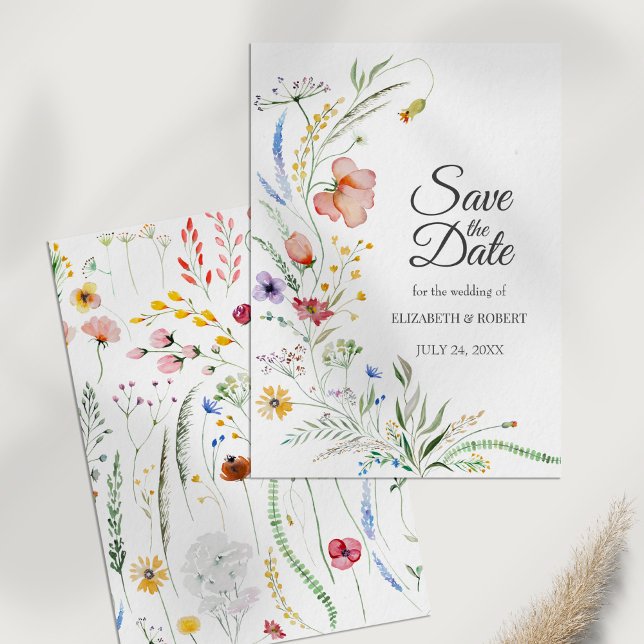 Cartão de Salvar a Data do Prado de Flores Silvest (Bohemian Watercolor Wildflowers Save The Date Card on a white table.)
