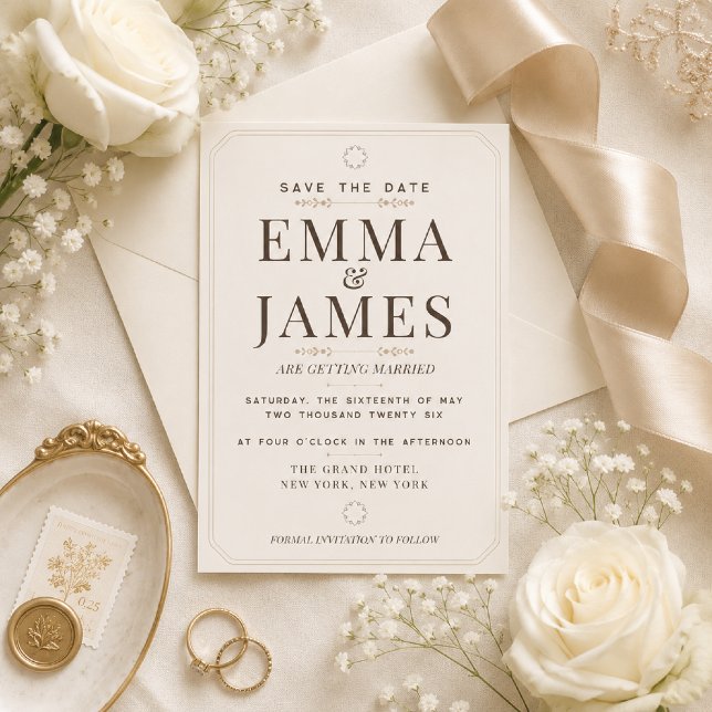 Cartão de Salvar a Data Elegância Marfim Macio Edi (Elegant ivory save the date with timeless romance and luxury details.)