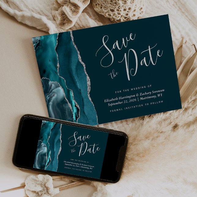Cartão de Salvar a Data em Azul Teal Prata com Ága (Criador carregado)