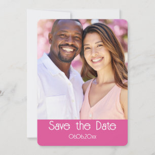 Cartão de Salvar a Data em Rosa e Branco com Foto