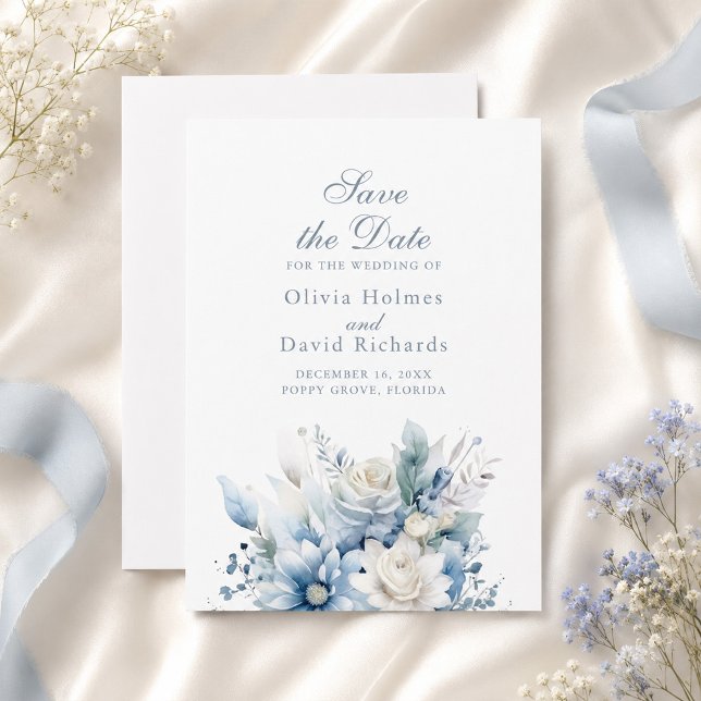 Cartão de Salvar a Data Floral Azul Empoeirado (Dusty Blue Floral Save the Date Card)