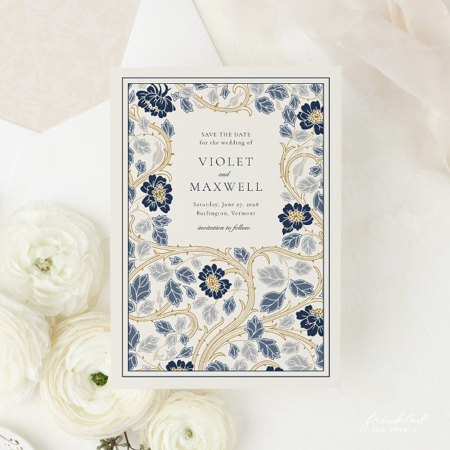 Cartão de Salvar a Data Floral Azul Marinho Dourad (Navy Gold Floral Art Nouveau Wedding Invitation)