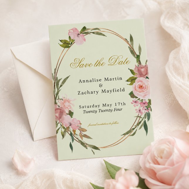 Cartão de Salvar a Data Floral Blush e Sage (Criador carregado)