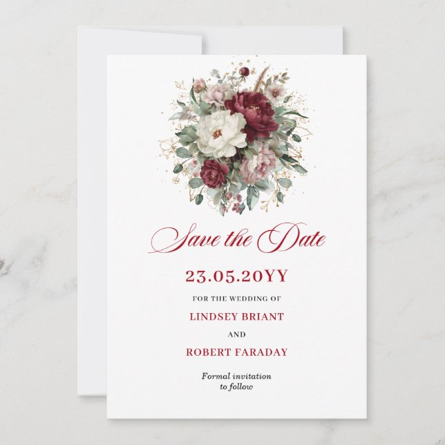 Cartão de Salvar a Data Floral Borgonha Blush Eleg (Frente)