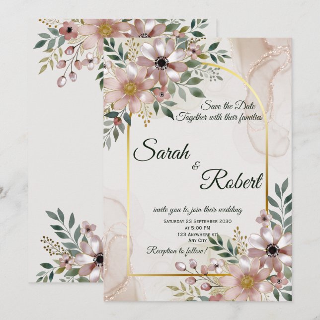 Cartão de Salvar a Data Floral de Mármore Rosa Ele (Frente/Verso)