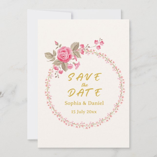 Cartão de Salvar a Data Floral Dourado (Frente)