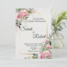 Cartão de Salvar a Data Floral Peônia Rosa Elegant