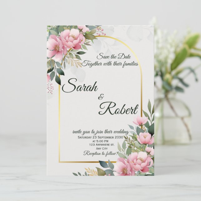 Cartão de Salvar a Data Floral Peônia Rosa Elegant (Em pé/Frente)