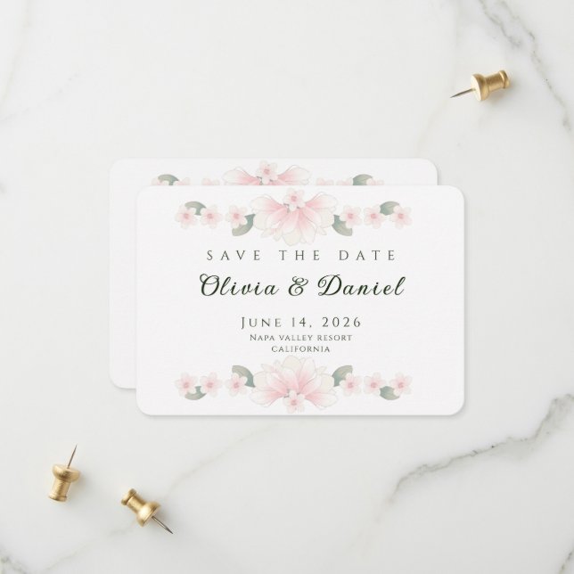 Cartão de Salvar a Data Floral Rosa Personalizado (Frente/Verso In Situ)
