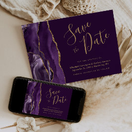 Cartão de Salvar a Data Moderno Roxo Dourado com Á