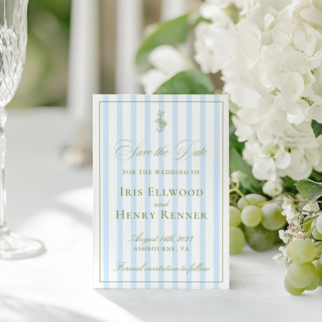 Cartão de Salvar a Data Sage & Azul Clássico Elega (Elegant Classic Sage & Blue Save The Date Card)
