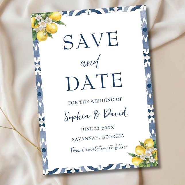 Cartão de Salvar Data de Casamento com Azulejo Azu (Criador carregado)