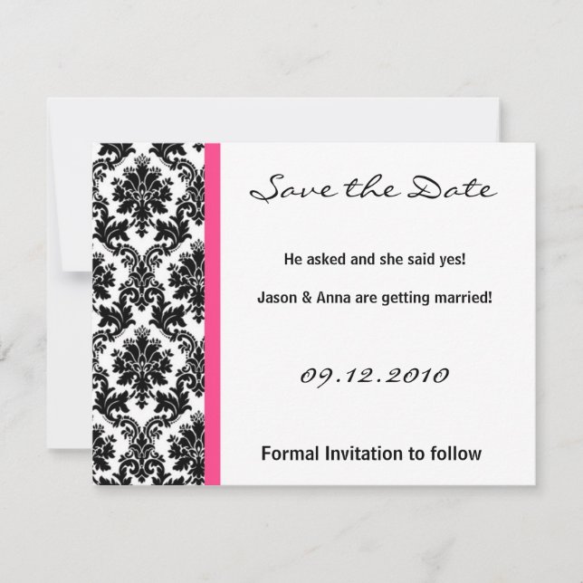 Cartão de Salve a Data 4x5 - Damask Preto e Rosa V (Frente)