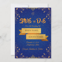 Cartão de Salve a Data Azul Real e Dourado