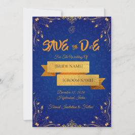 Cartão de Salve a Data Azul Real e Dourado