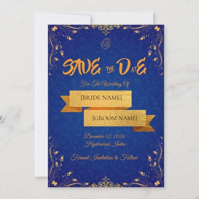 Cartão de Salve a Data Azul Real e Dourado (Frente)