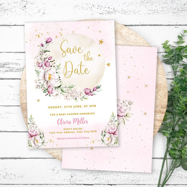 Cartão de Salve a Data do Chá de Bebê Rosa Floral  (Criador carregado)