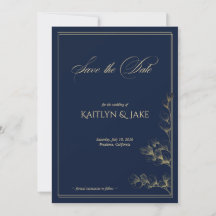 Cartão de Salve a Data em Dourado e Azul Marinho