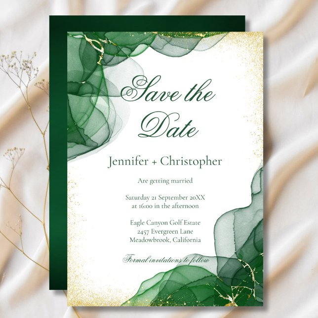 Cartão de Salve a Data em Mármore Esmeralda Verde  (White Emerald Green Gold Marble Save The Date Card)